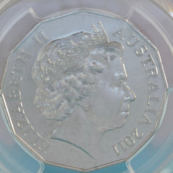 Obverse 2011 50c Triple Zero Coloured coin - QEII portrait 'Elizabeth II Australia 2011' close up in PCGS holder