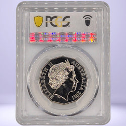 2011 50c Triple Zero coloured coin obverse - QEII profile - encapsulated in a protective holder with a PCGS label