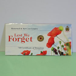2012 $2 Remembrance Day Red Poppy on RSL Lest We Forget $10 Certificate of Donation card front