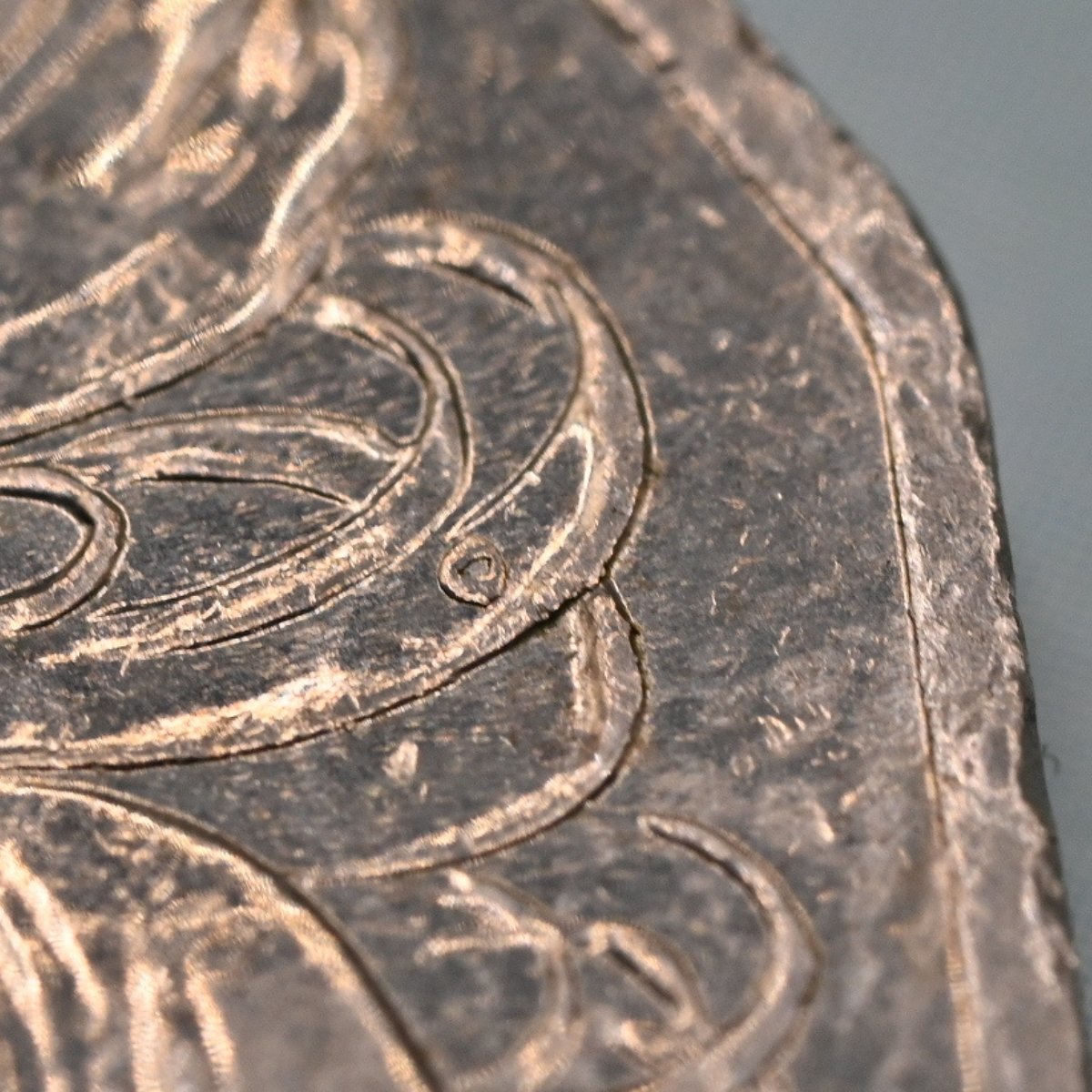 Close up 2012 50c bubble above emus back on reverse of Australian coin