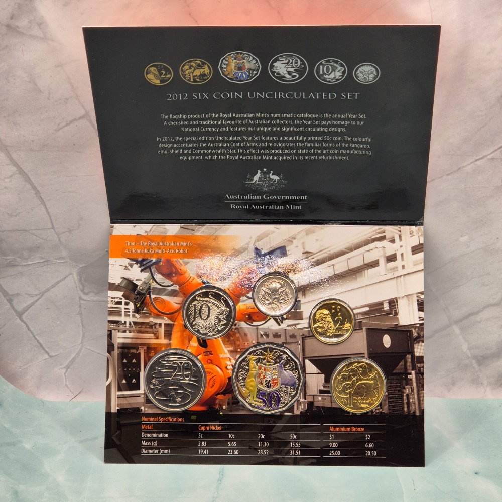 Australian 2012 six-coin uncirculated set packaging with coins