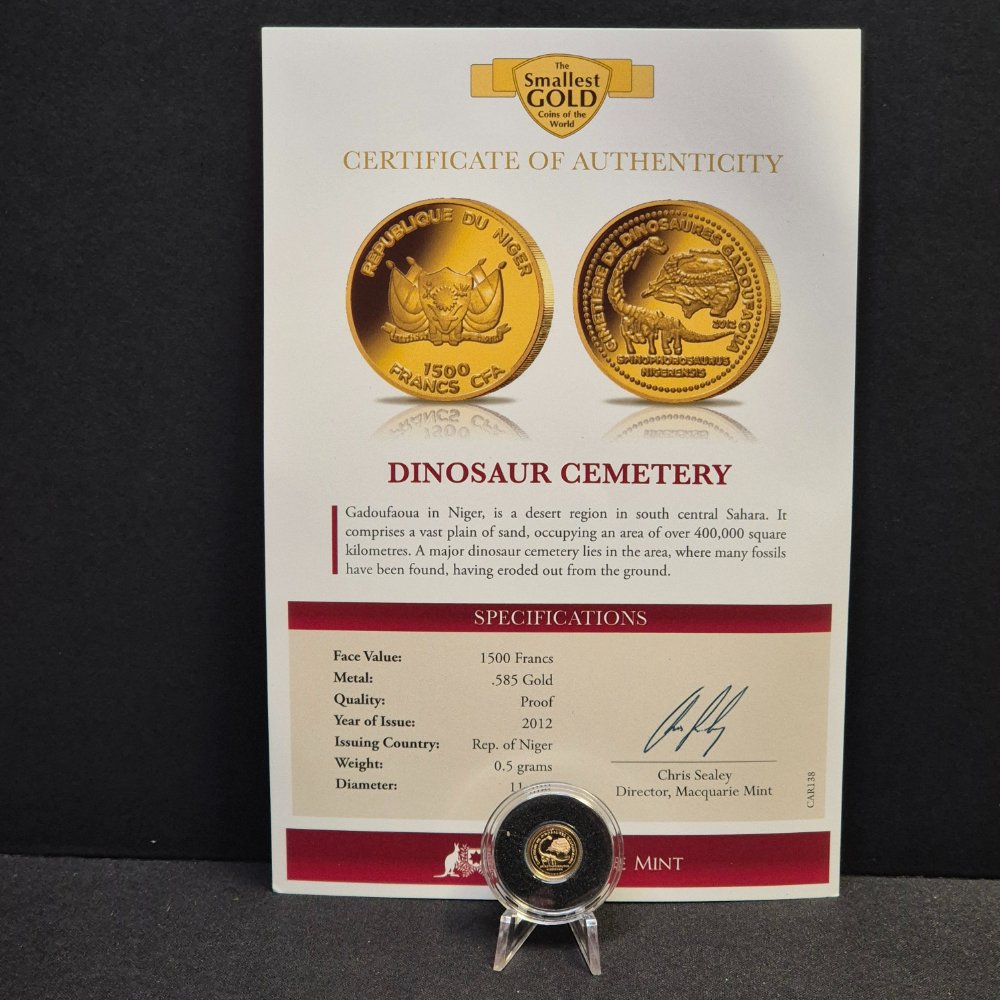 2012 Dinosaur Cemetery Gold Proof Coin – 1500 Francs, Macquarie Mint (0.5g .585)