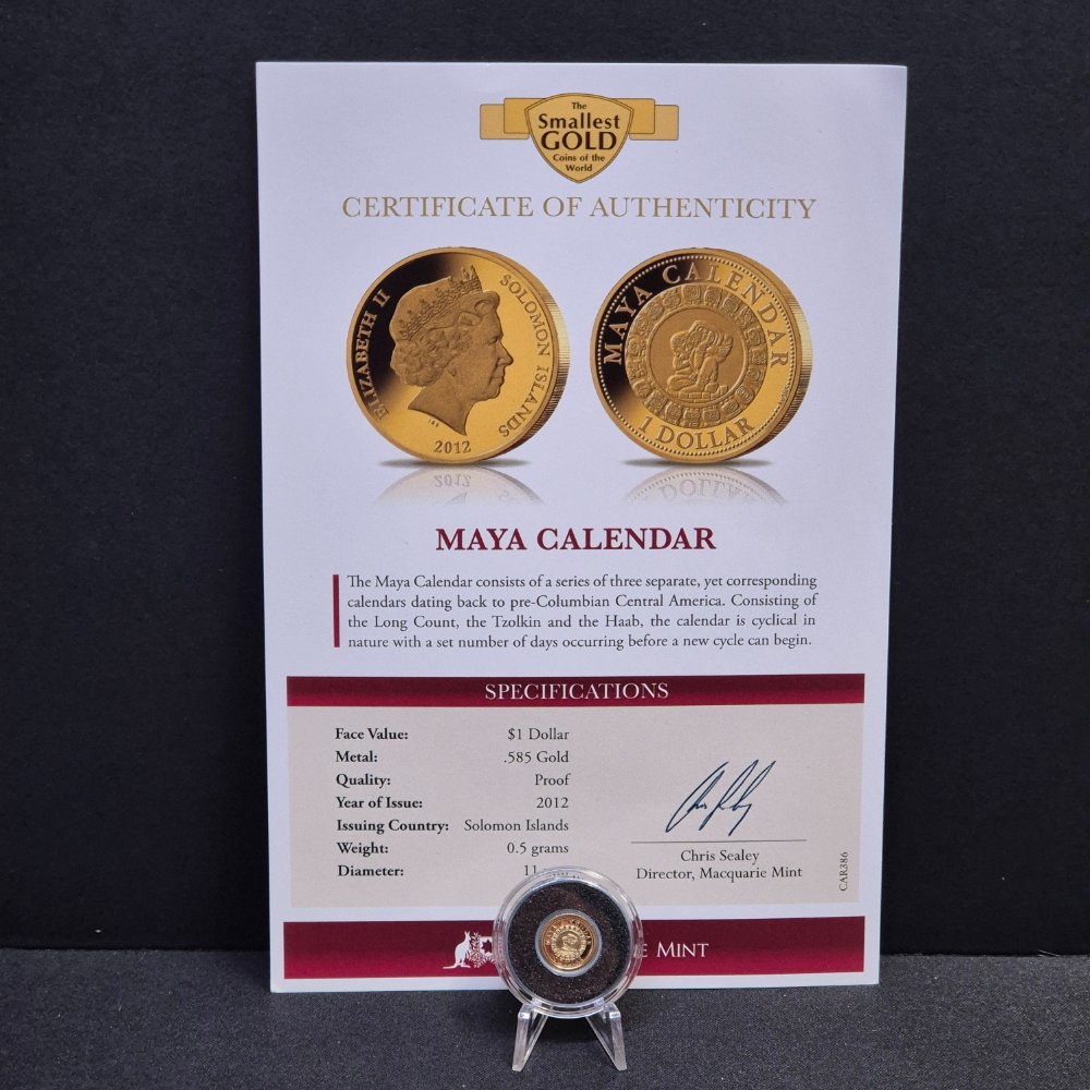 2012 Maya Calendar Gold Proof Coin – 1 Dollar, Macquarie Mint (0.5g .585)