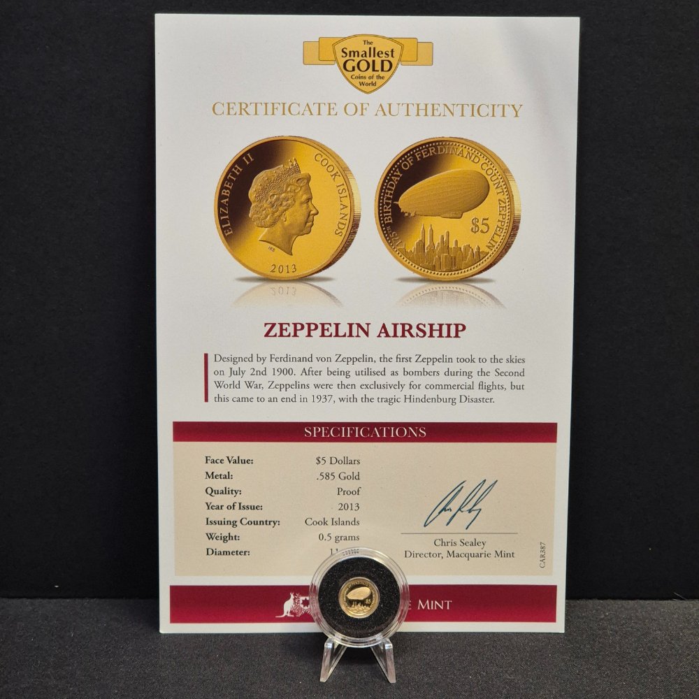 2013 Zeppelin Airship Gold Proof Coin – 5 Dollar, Macquarie Mint (0.5g .585)