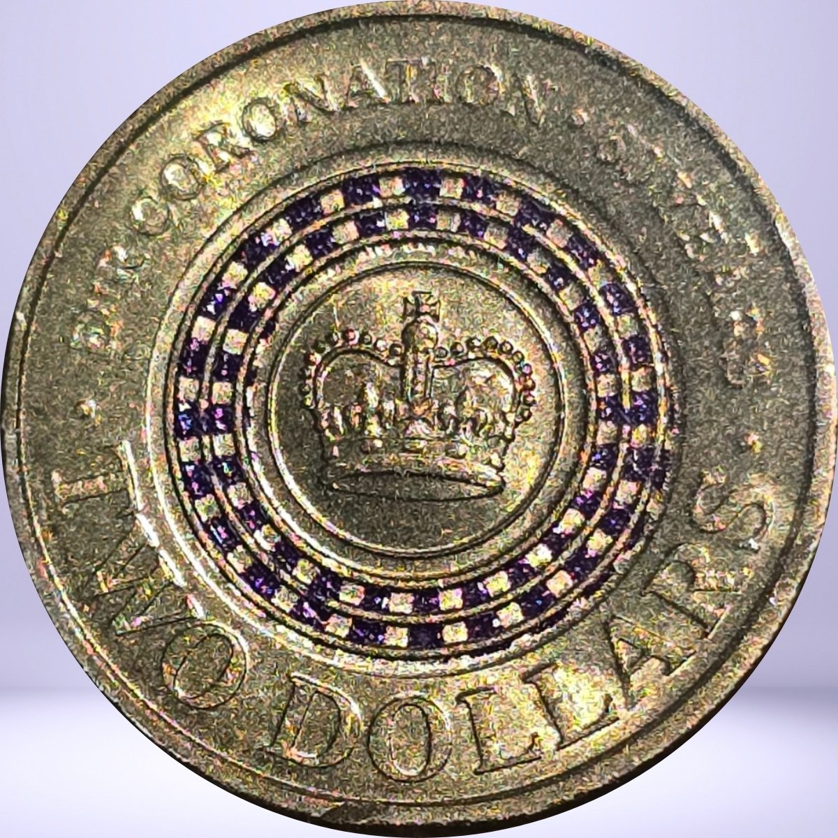 Close up reverse 2013 $2 circulated Queen Elizabeth II Purple Coronation coin