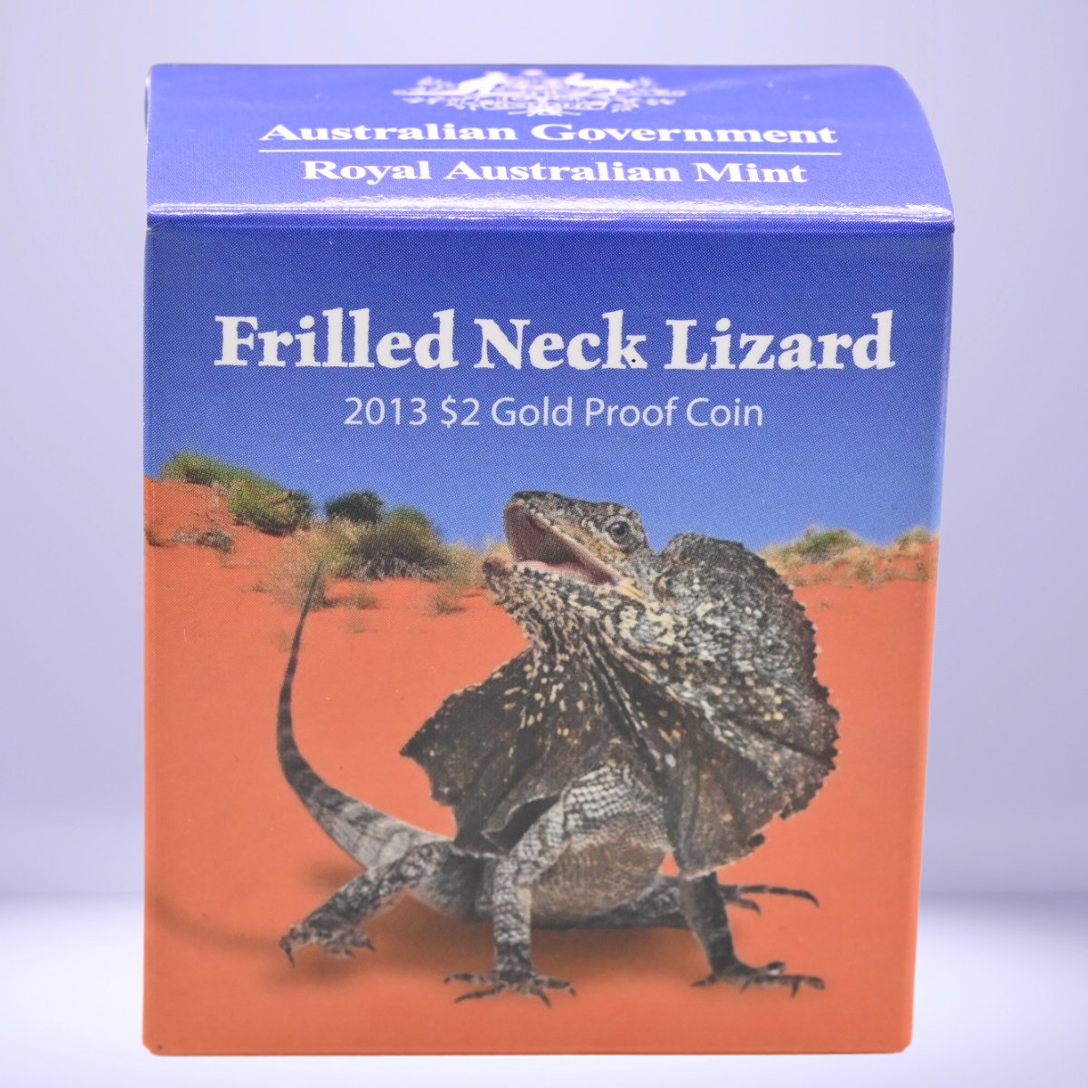 Packaging of 2013 $2 Frilled Neck Lizard half gram gold proof coin from the Royal Australian Mint