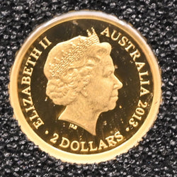 2013 $2 obverse gold half gram proof coin with a profile of a monarch and text 'Elizabeth II Australia 2013 2 Dollars'