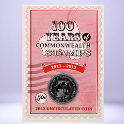 Packaging for a coin celebrating 100 years of Commonwealth stamps with a red and beige design. reverse 2013 50cc