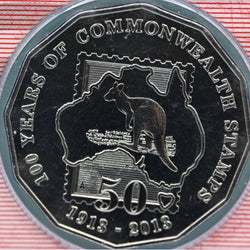 2013 50c coin commemorating 100 years of Commonwealth stamps with a kangaroo and map design - reverse