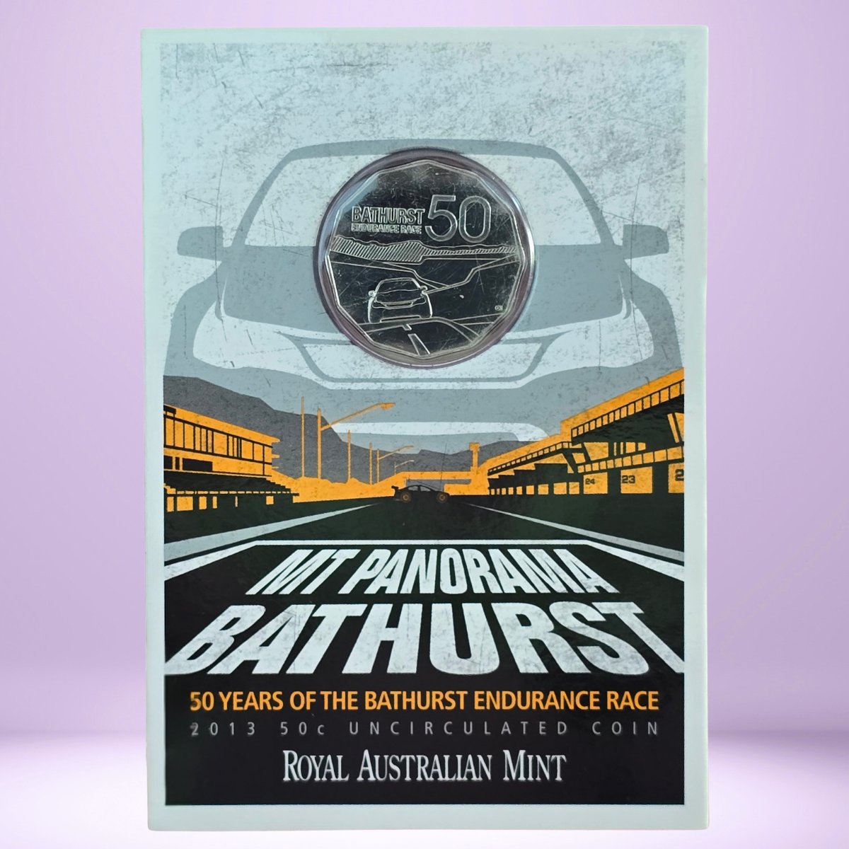 2013 50c carded coin reverse shown - Card 'Mt Panorama Bathurst 50 Years of the Bathurst Endurance Race' and 'Royal Australian Mint' text