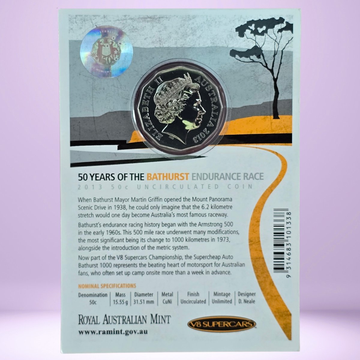 obverse 2013 50c Bathurst coin in card with text and information on '50 Years of the Bathurst Endurance Race' includes nominal specifications