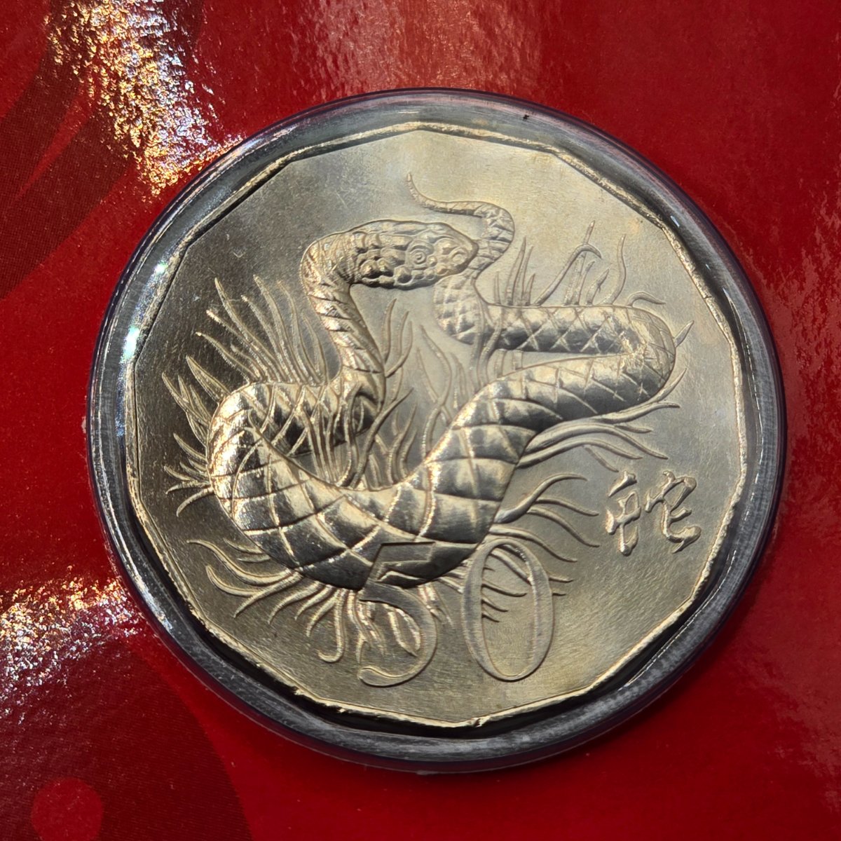 2013 50c Lunar Year of the Snake 50c Uncirculated Coin Tetra Decagon Series reverse with a snake in the grass and traditional Chinese character for Snake