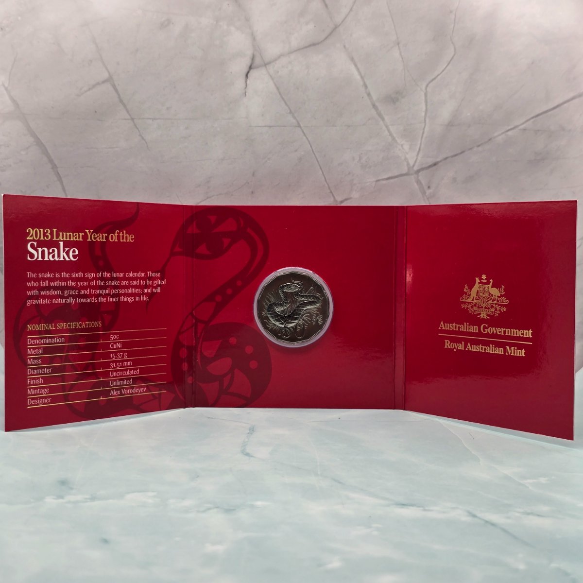 2013 50c Lunar Year of the Snake 50c Uncirculated Coin Tetra Decagon Series inner trifold