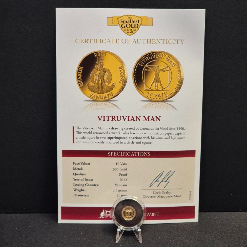 2012 Vitruvian Man Gold Proof Coin – 10 Vatu, Macquarie Mint (0.5g .585)