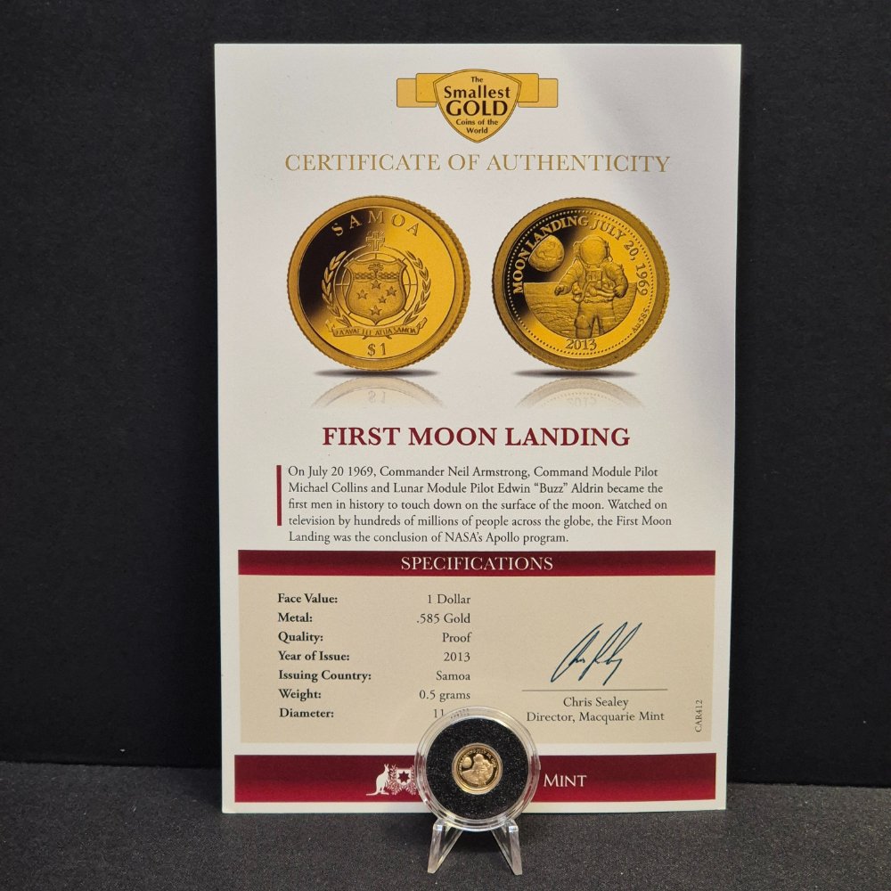 2013 First Moon Landing Gold Proof Coin – 1 Dollar, Macquarie Mint (0.5g .585)