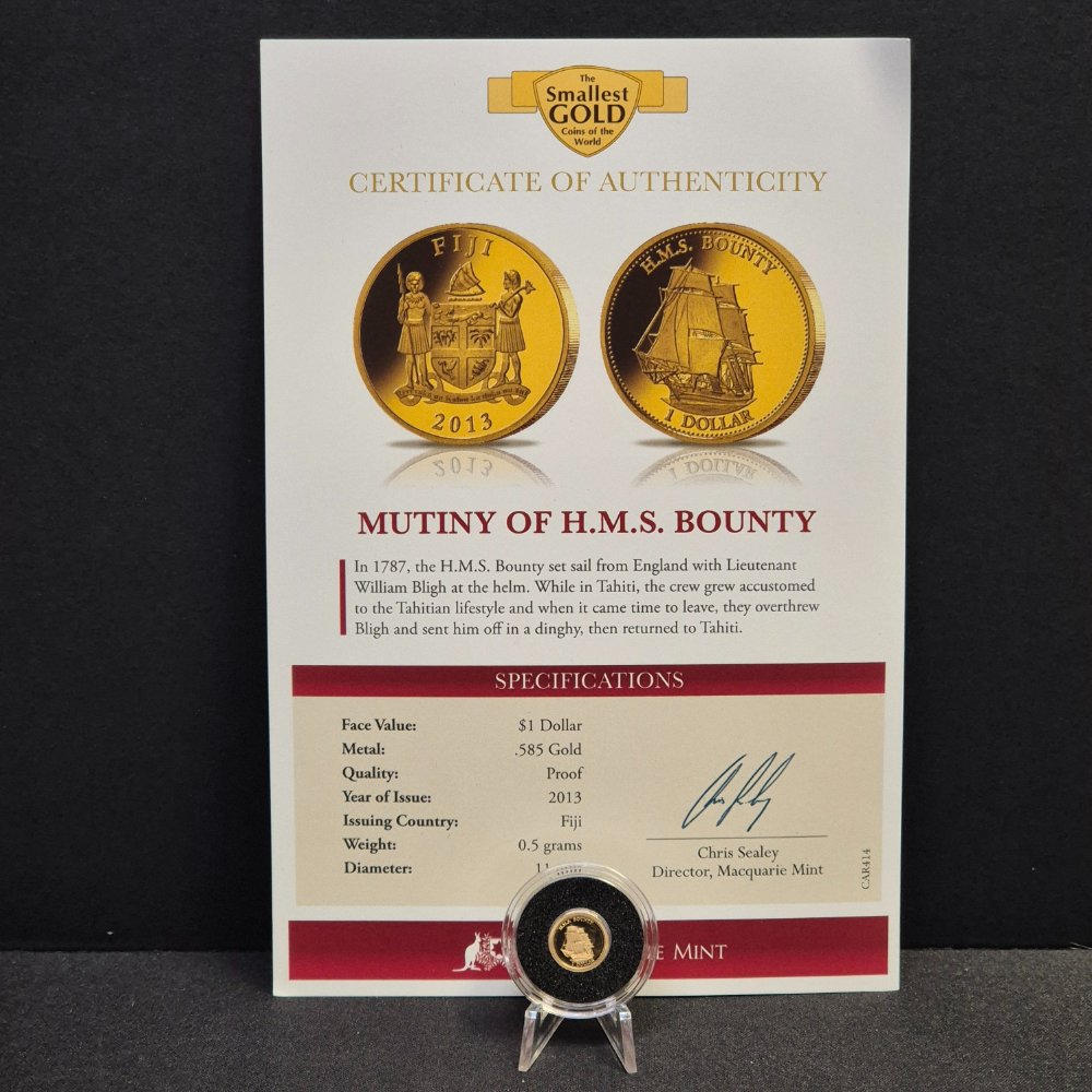 2013 Mutiny of H.M.S Bounty Gold Proof Coin – 1 Dollar, Macquarie Mint (0.5g .585)