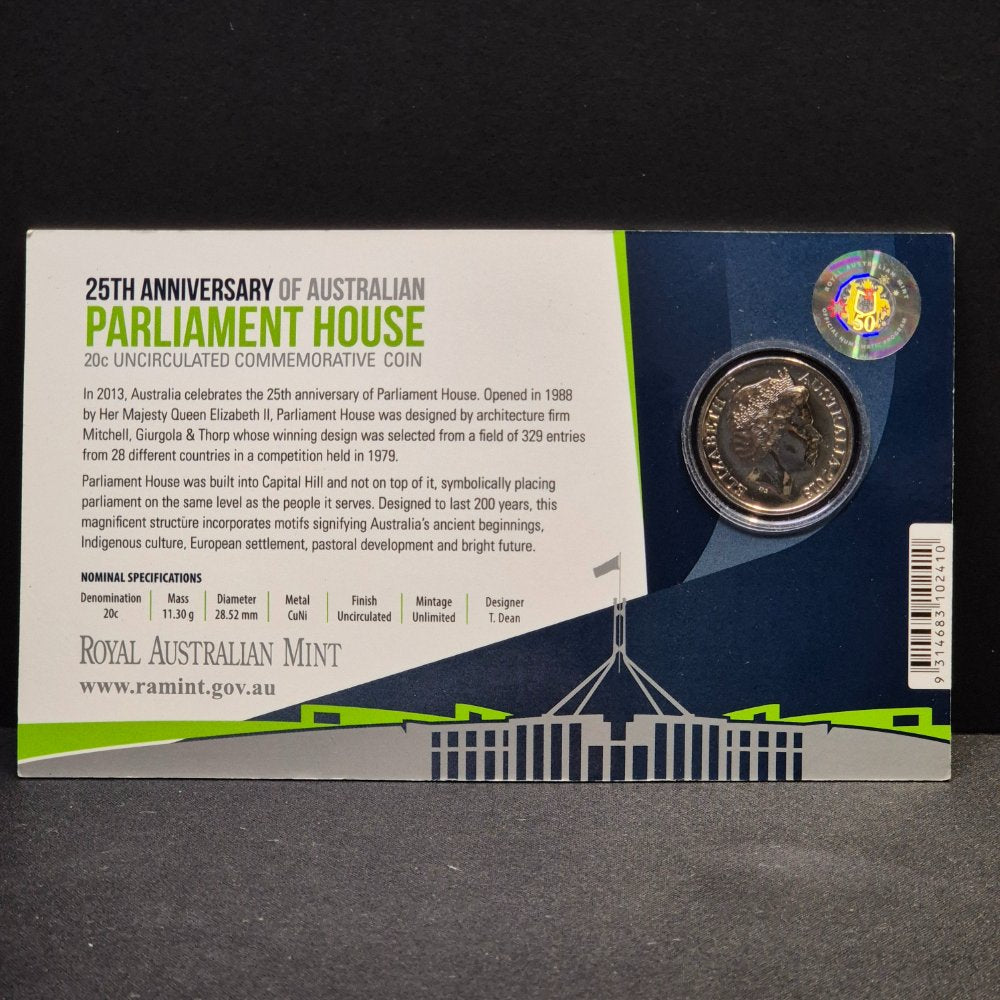 2013 20c 25th Anniversary of Australian Parliament House Carded Coin