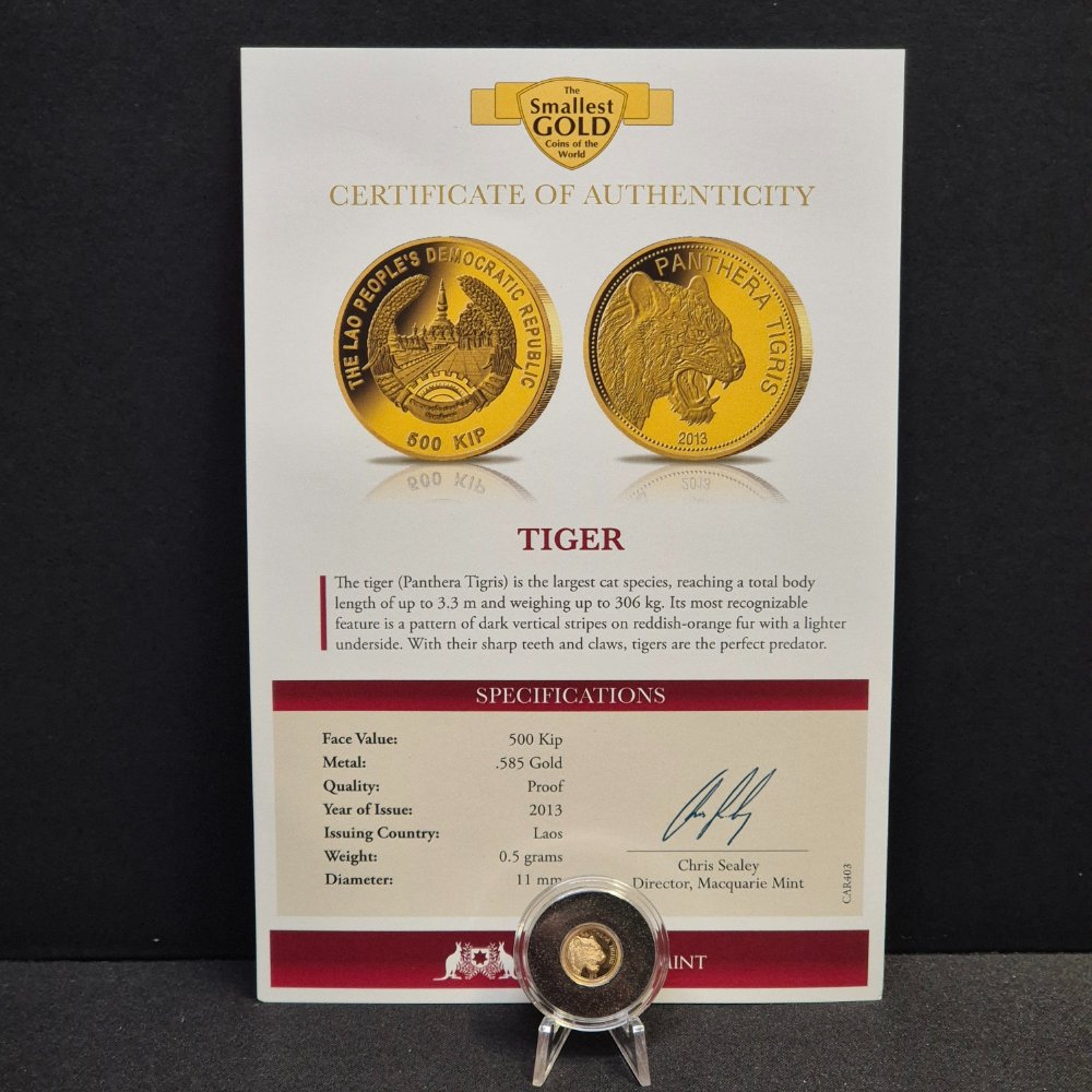 2013 Tiger Gold Proof Coin – 500 Kip, Macquarie Mint (0.5g .585)