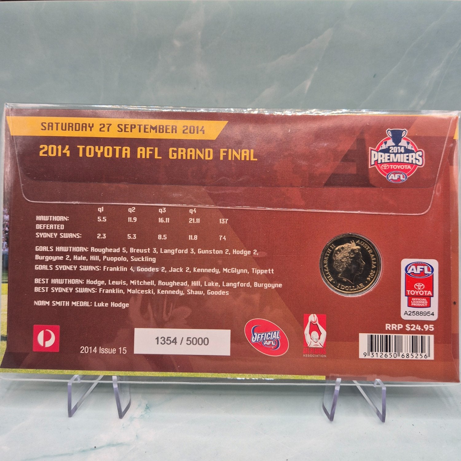 Back of 2014 $1 AFL Premiers Hawthorn Hawks PNC with game details, official logos and issue number