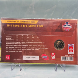 Back of 2014 $1 AFL Premiers Hawthorn Hawks PNC with game details, official logos and issue number