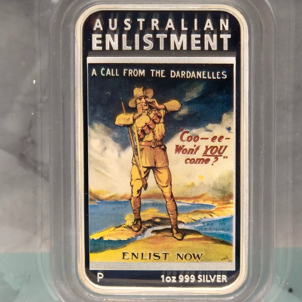 2014 1oz Australian Posters of World War I Enlistment Silver Proof Coin by The Perth Mint coloured reverse