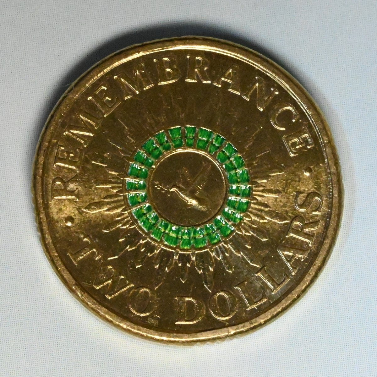 2014 $2 Remembrance Day Green Dove reverse - signs of wear