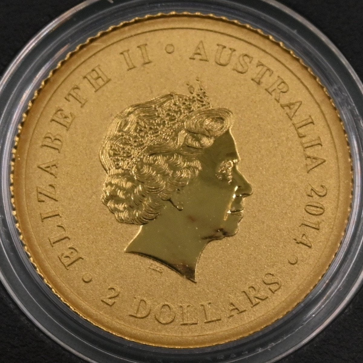 2014 $2 Miniature 0.5 gram .9999 Gold Proof Kangaroo in capsule - obverse