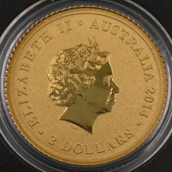 2014 $2 Miniature 0.5 gram .9999 Gold Proof Kangaroo in capsule - obverse