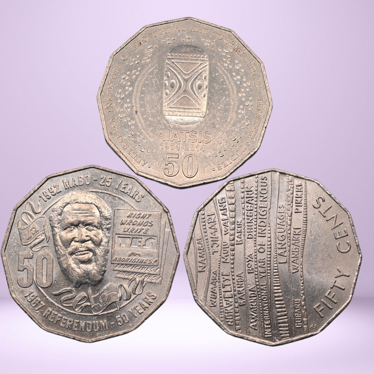 Three 50c coins reverse side - 2014 AIATSIS - 2017 Mabo Referendum- 2019 Indigenous Languages - loose