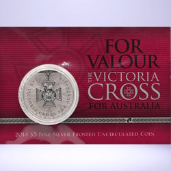 Silver 2014 $5 frosted uncirculated coin with 'For Valour the Victoria Cross for Australia' on a red and white background card