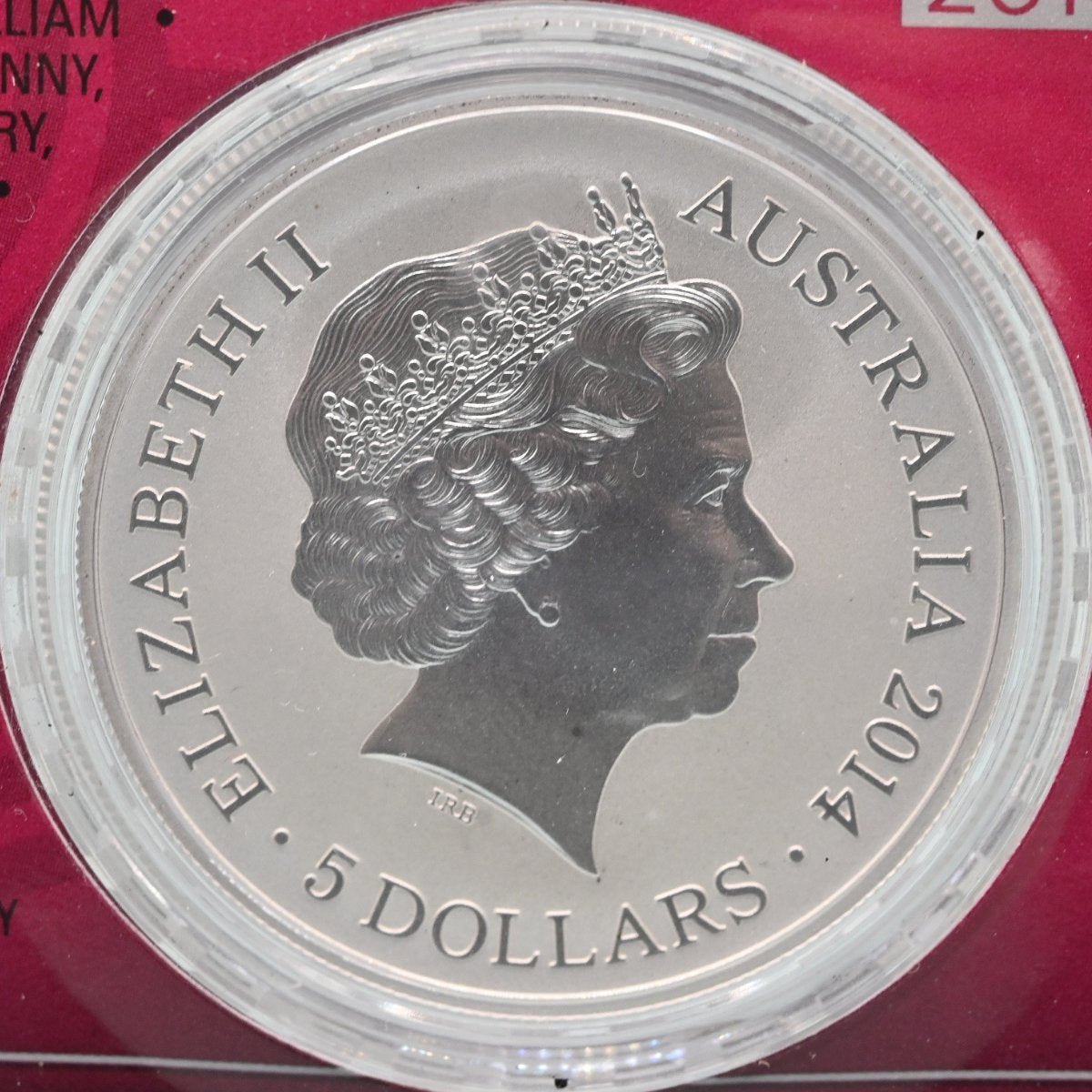 Silver coin with Queen Elizabeth II portrait and 'Elizabeth II Australia 2014 5 Dollars' text