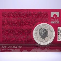 Silver coin with Elizabeth II portrait on a red card featuring names of Victoria Cross recipients in Australian and Nominal Specifications