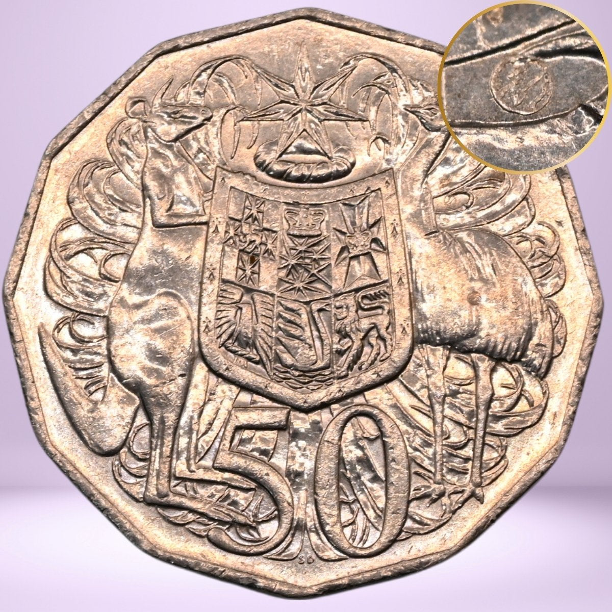 Close-up of 2014 50c coin with crop circle - reverse - emu and kangaroo emblem - loose