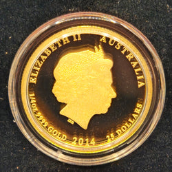 2014 1/4oz The ANZAC Spirit 100th Anniversary Coin Series obverse with text around legend '1/4oz .9999 gold 2014 25 Dollars Elizabeth II Australia' and QEII effigy by IRB