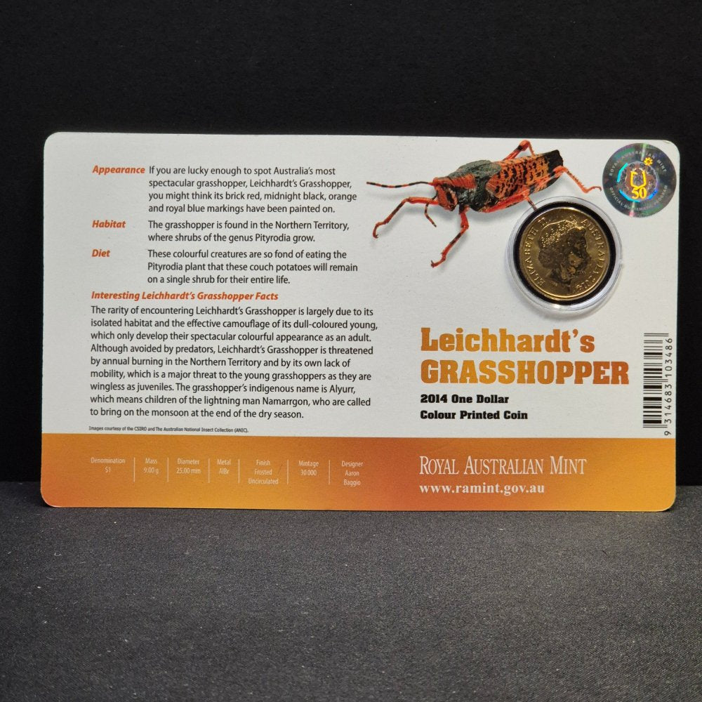 2014 $1 Bright Bugs - Leichhardt's Grasshopper Coloured Uncirculated Coin