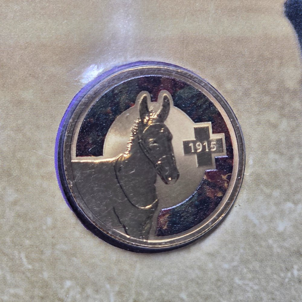 2015 $1 Unlikely Heroes Animals in War PNC featuring War Hero Murphy the Donkey close up reverse coin