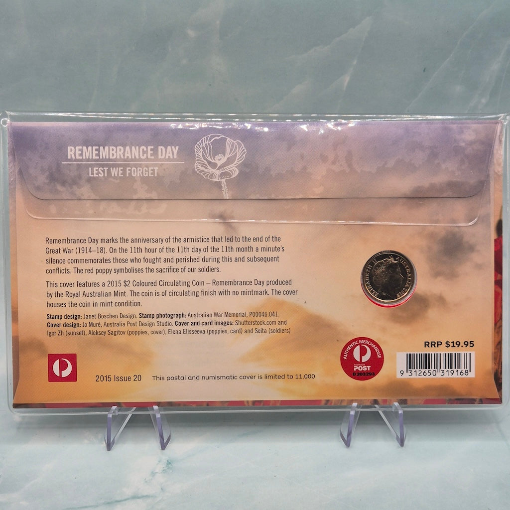 2015 $2 Remembrance Day In Flanders Fields Lest We Forget PNC back cover with text and obverse of coin