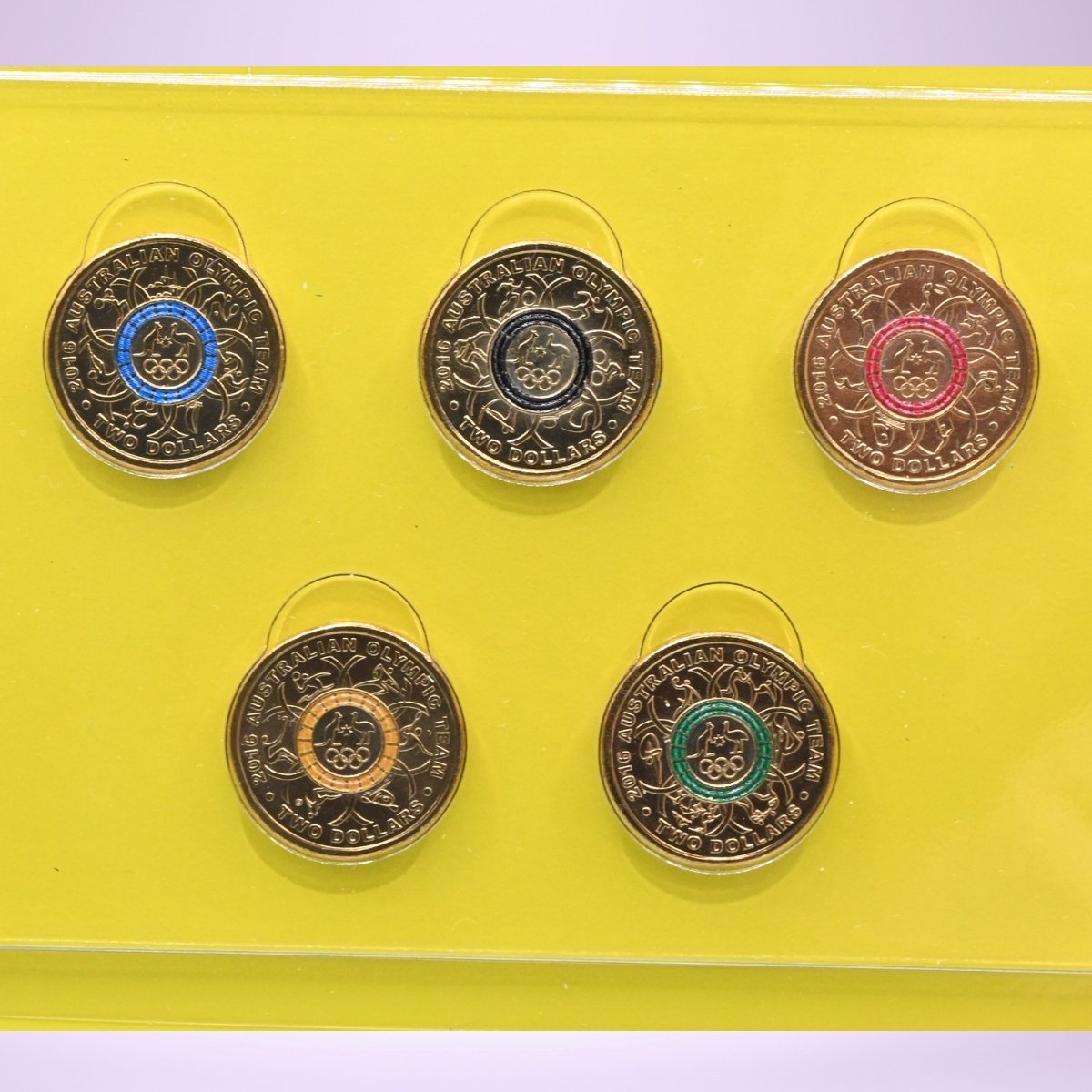 2016 $2 Rio Olympics Australian Team set of five coloured coins - colours match olympic rings - reverse side