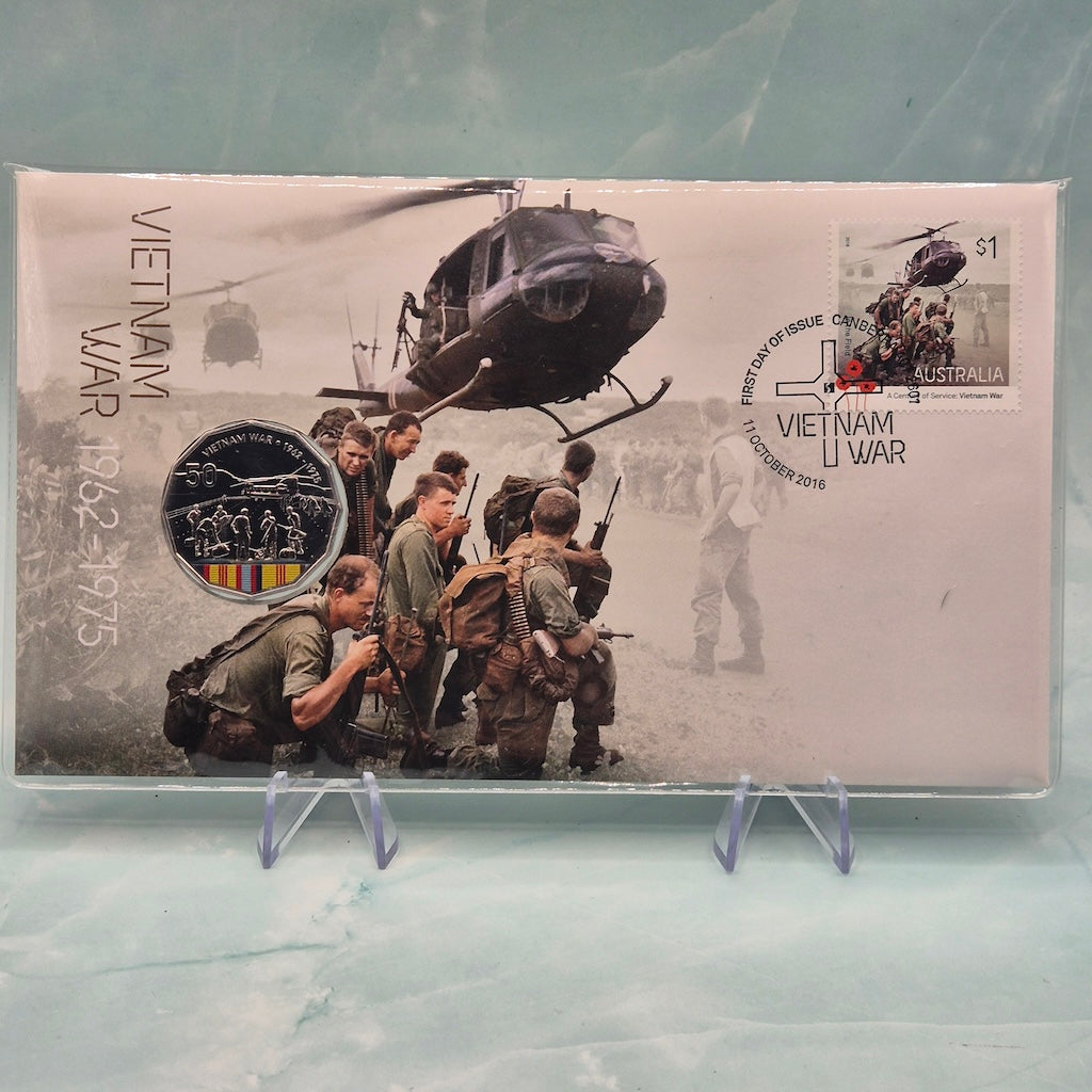 2016 50c Vietnam War 1962-1975 PNC with coloured coin and soldiers in front of a helicopter