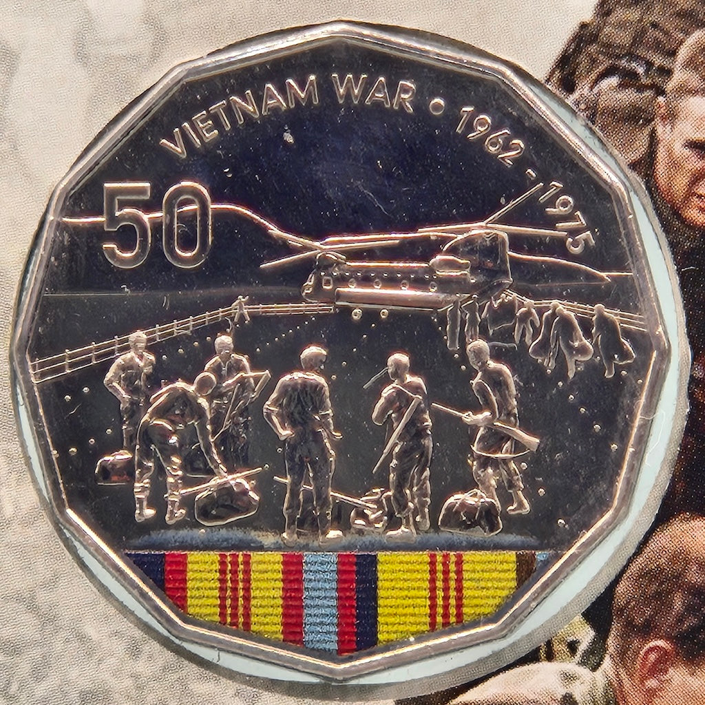 2016 coloured 50c coin commemorating the Vietnam War with soldiers and helicopter design - reverse shown