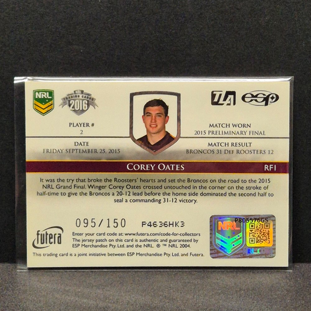 2016 NRL Elite - Road to the Finals - Game Used Memorabilia - RF1- Corey Oates