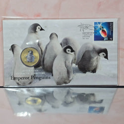 2017 Perth Mint $1 Australian Antarctic Territory Emperor Penguins PNC with Tuvalu Legal Tender coloured $1 coin front