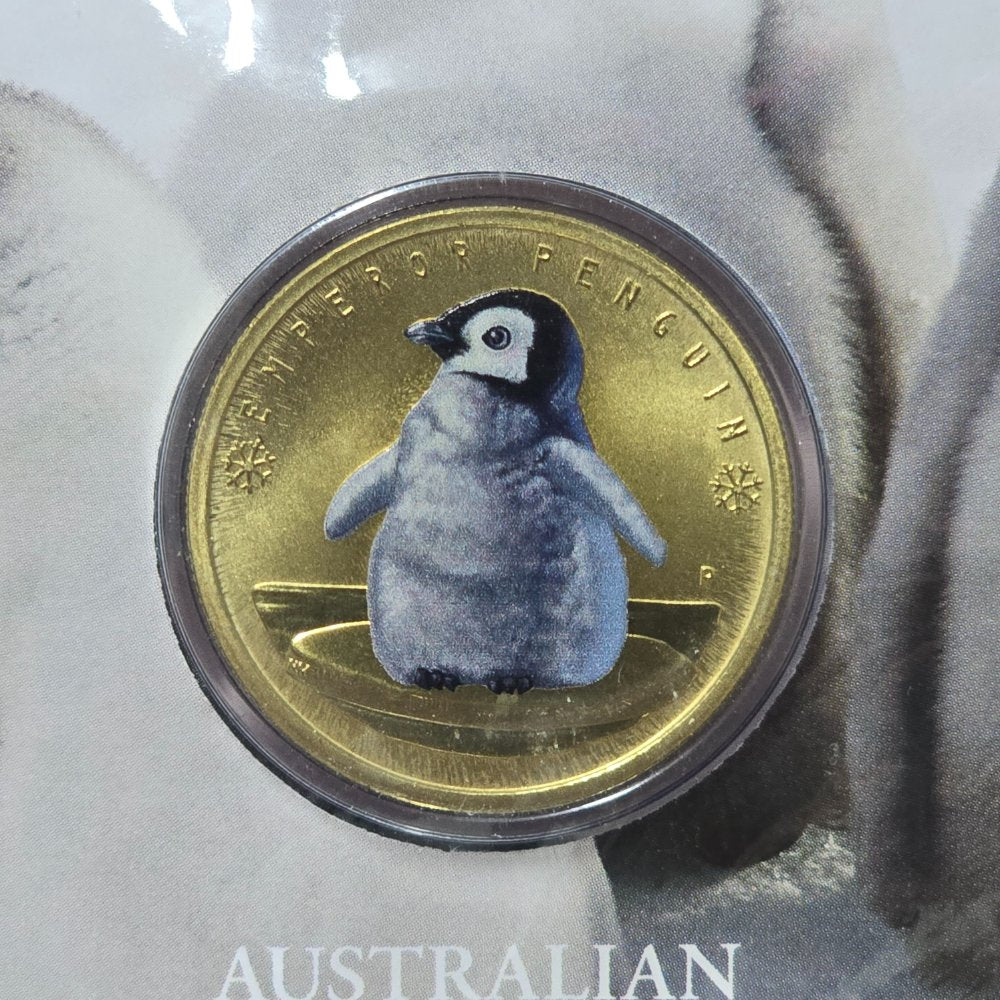 2017 Perth Mint $1 Australian Antarctic Territory Emperor Penguins PNC with Tuvalu Legal Tender coloured $1 coin reverse close up