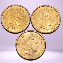 Close up obverse 3x 2017 $2 coloured Possum Magic coins circulated