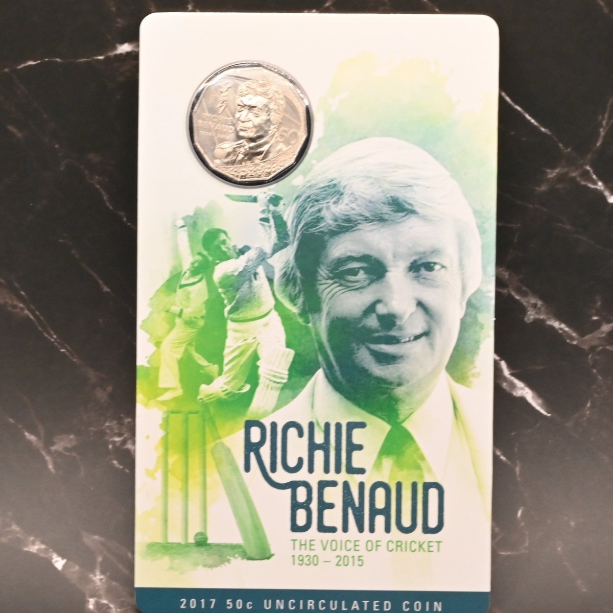 2017 50c Richie Benaud uncirculated carded coin Front