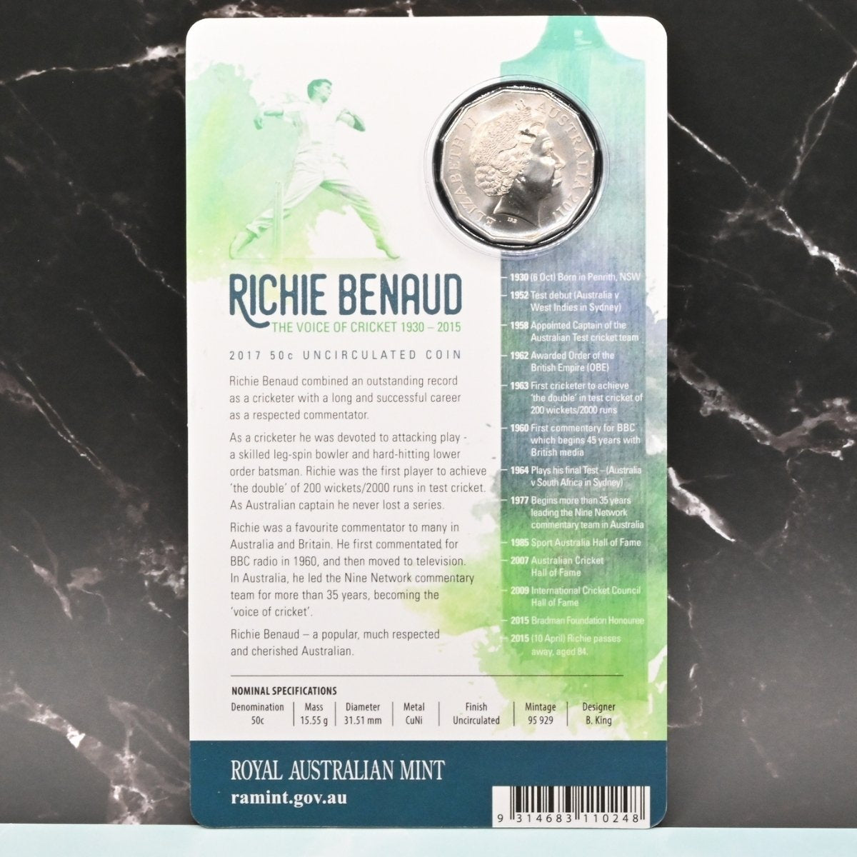 2017 50c Richie Benaud uncirculated carded coin back of card and obverse coin
