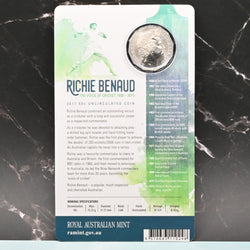 2017 50c Richie Benaud uncirculated carded coin back of card and obverse coin