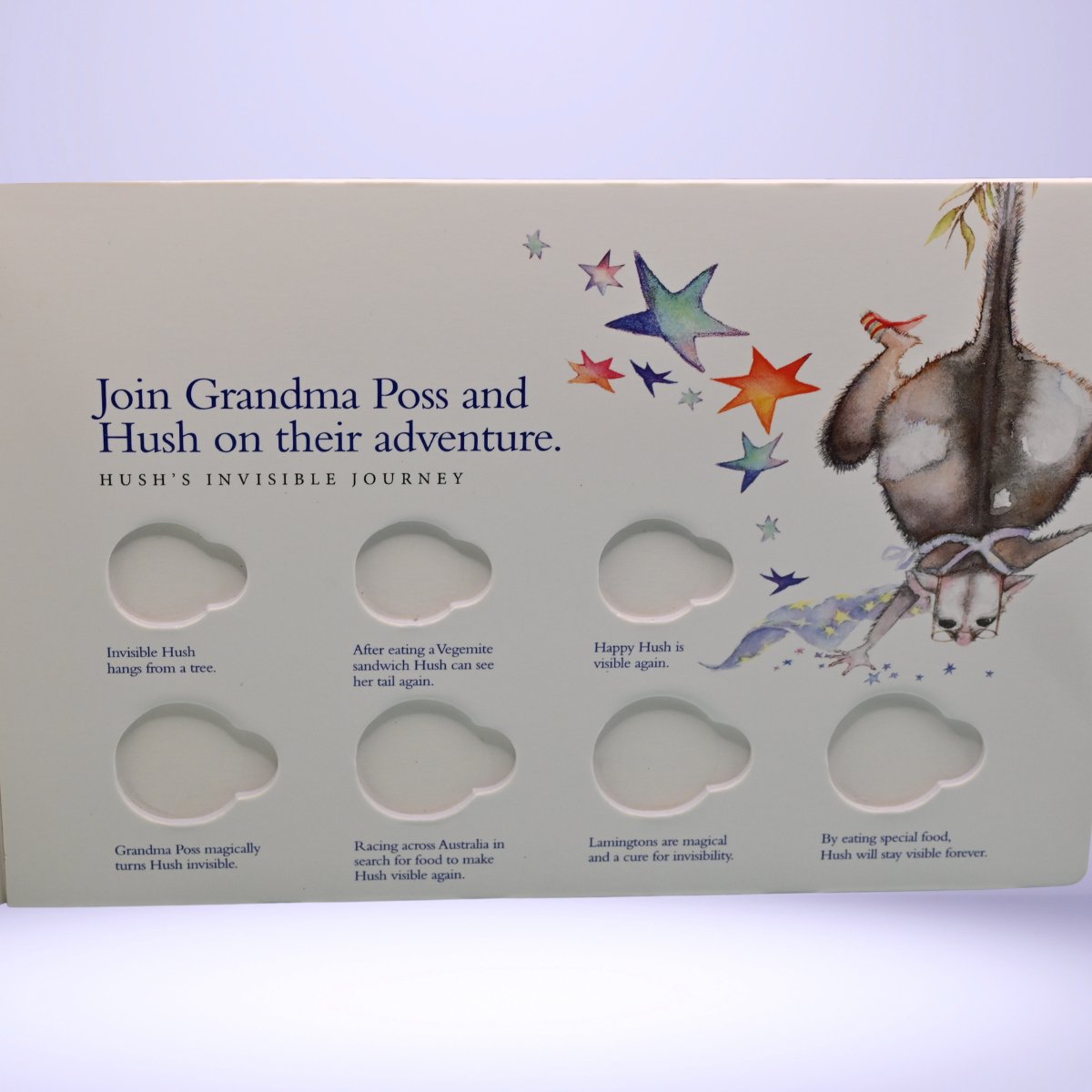 2017 Possum Magic empty 8 coin collection folder inner with illustrations and text about Grandma Poss and Hush's adventure.