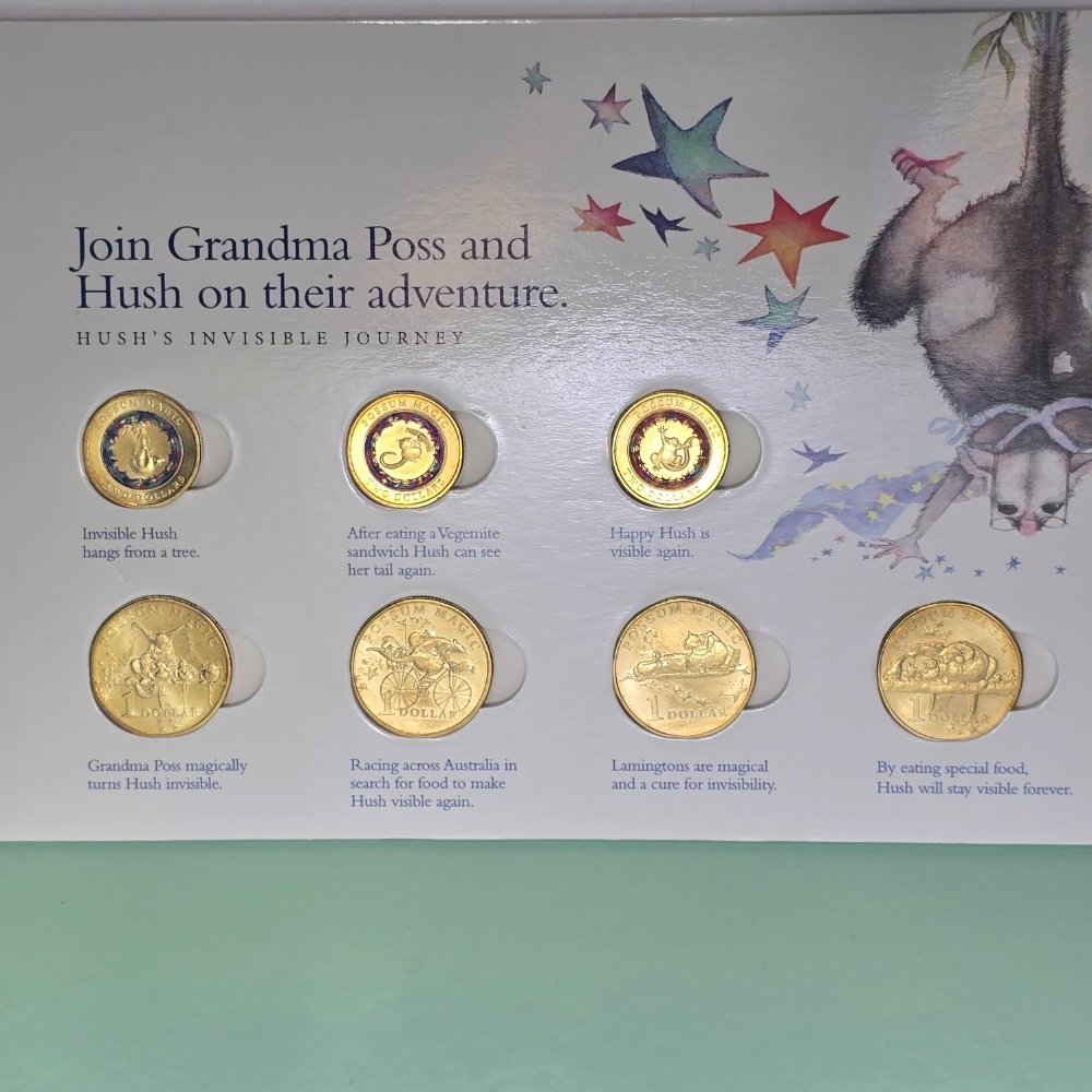 2017 Possum Magic 8 Coin Collection  by the Royal Australian Mint inner with 3x coloured $2 coins and 4x commemorative $1 coin designs