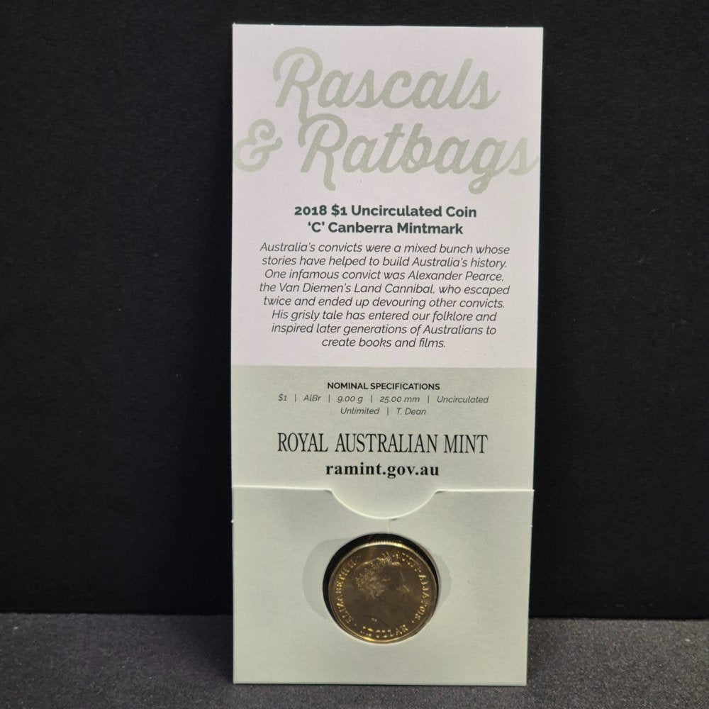 2018 $1 Rascals & Ratbags 'C' Mintmark - Alexander Pearce Uncirculated Carded Coin